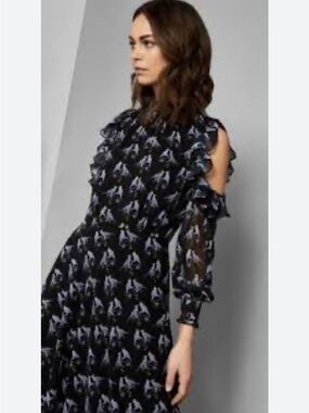 Ted Baker Hilania Love Birds Black Whimsical High Neck Maxi Dress Sz 0 /Small